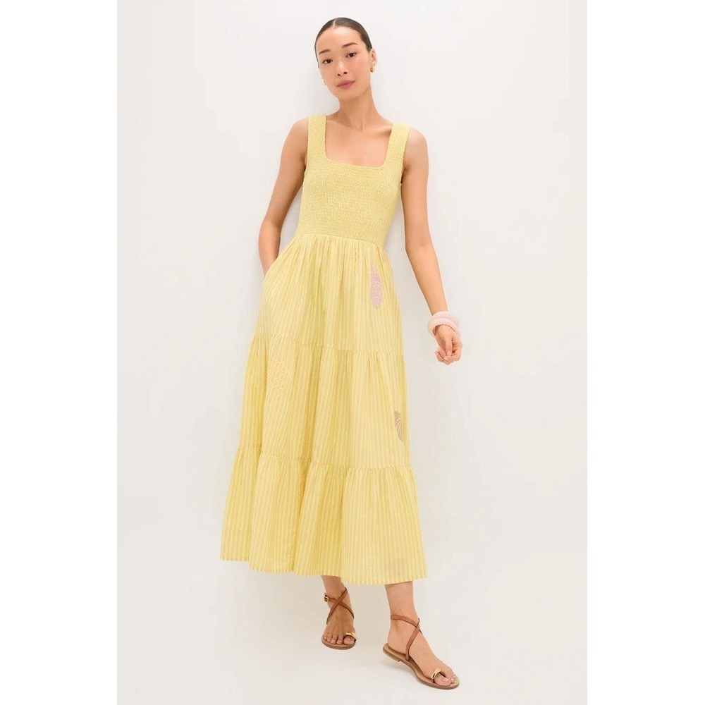 Tuckernuck Mallie Dress XL Yellow Citrine Stripe Embroidered Cotton Maxi NWT